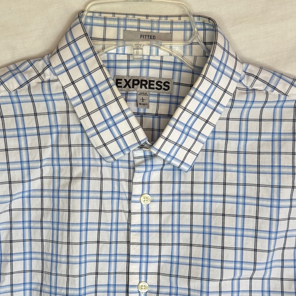 Express Men's Fitted White and Blue Plaid Shirt